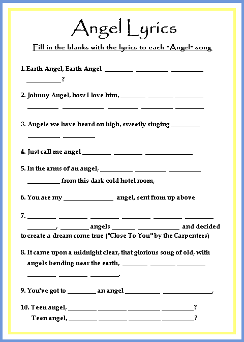 Blue & Yellow Angel Lyrics Game Card