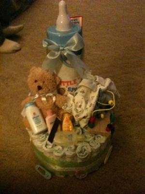 the bottem was made out of diapers and on top was filled with baby things.